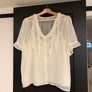 LOFT Cream Sheer Clipdot Ruffle Blouse - L